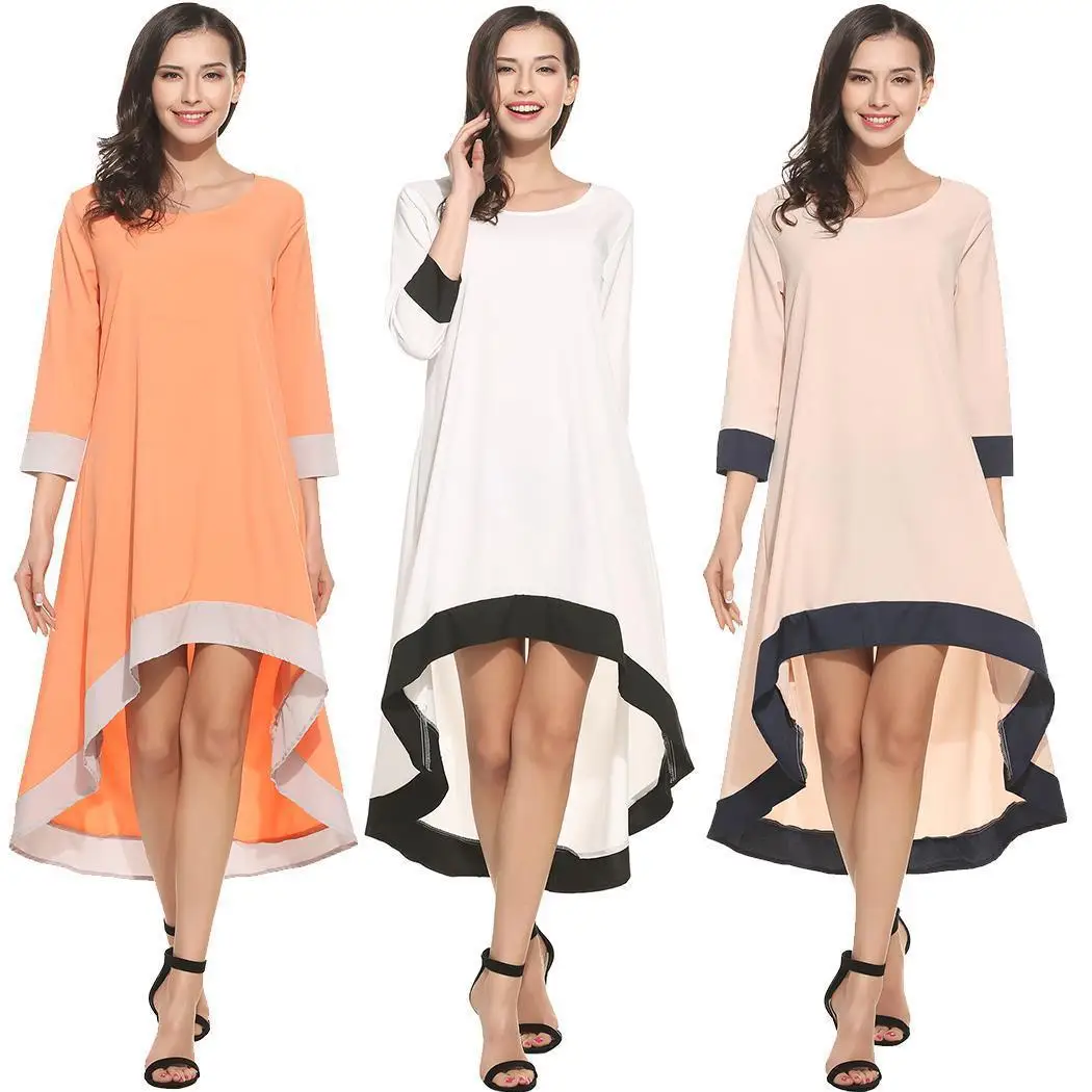 

2020 New Casual Seven-point Sleeves Round Neck Stitching Irregular Dress Solid Color Elegant Large Size Loose Women