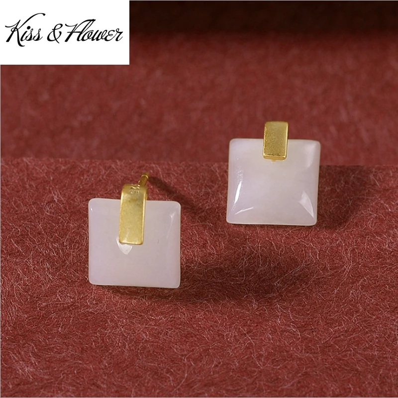 

KISS&FLOWER ER373 Fine Jewelry Wholesale Fashion Woman Bride Mother Birthday Wedding Gift Square Jade 24KT Gold Stud Earrings