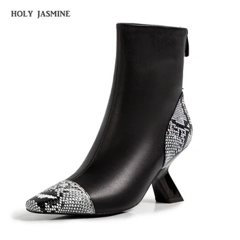 

2020 Genuine Leather Ankle Boots Women Hoof Heel Autumn Lady High Heels Shoes Fashion Woman pointed Toe Zipper booties woman
