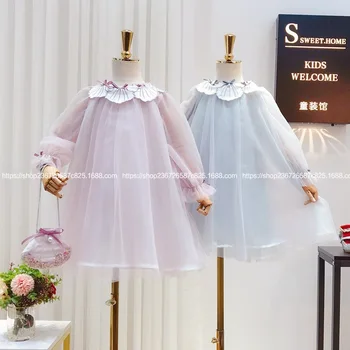 

Children's dress 2020 spring new girl Han Fan petal lapel stitching girl princess dress with small bag