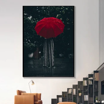 

Realist Rainy Days Scenery Canvas Paintings HD Print Woman With A Red Umbrella Landscape for Living Room Bedroom Home Decoration