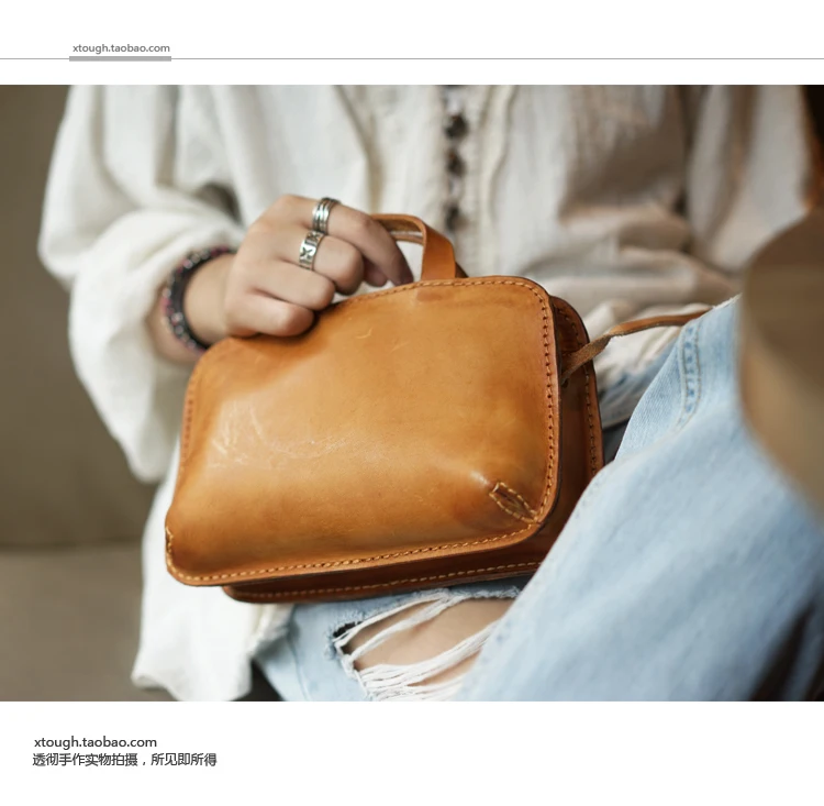 Retro genuine leather women handbag female small shoulder crossbody bag portable ladies vegetable tanned leather mini slung bags