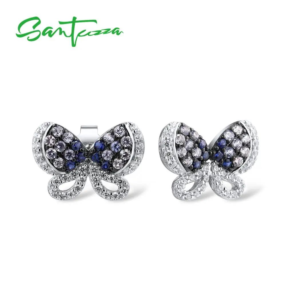 

SANTUZZA Silver Earrings For Women Genuine 925 Sterling Silver Elegant Blue Butterfly Trendy Stud Earrings серьги Fine Jewelry