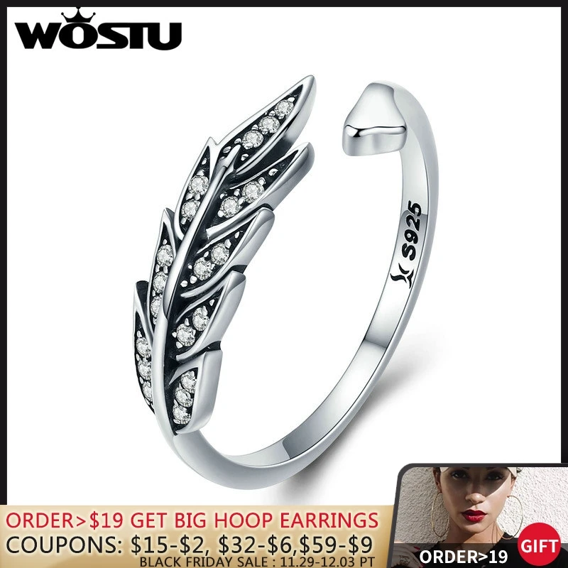 

WOSTU NEW 925 Sterling Silver Vintage Style Leaves , Clear CZ Adjustable Rings for Women Fashion S925 Silver Jewelry Gift CQR313