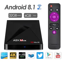 A5X MAX Android 8,1 ТВ Box Rockchip 3328 4 ядра 4 ГБ 32 ГБ 2.4g WiFi Поддержка 4 К VP9 H.265 USB3.0 BT 100 м LAN Smart потокового