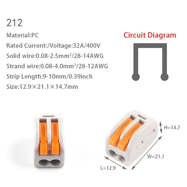 5PCS Fast Wire Cable Connectors Universal Compact Conductor Spring Splitter Wiring Connector Push-in Terminal Block For Electric 212(PC)
