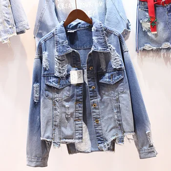 

Spring New Irregular Tassel Denim Jacket Loose Hollow Out Long Sleeve Female Jacket Coat Fashion Turn Down Collar Women Coat