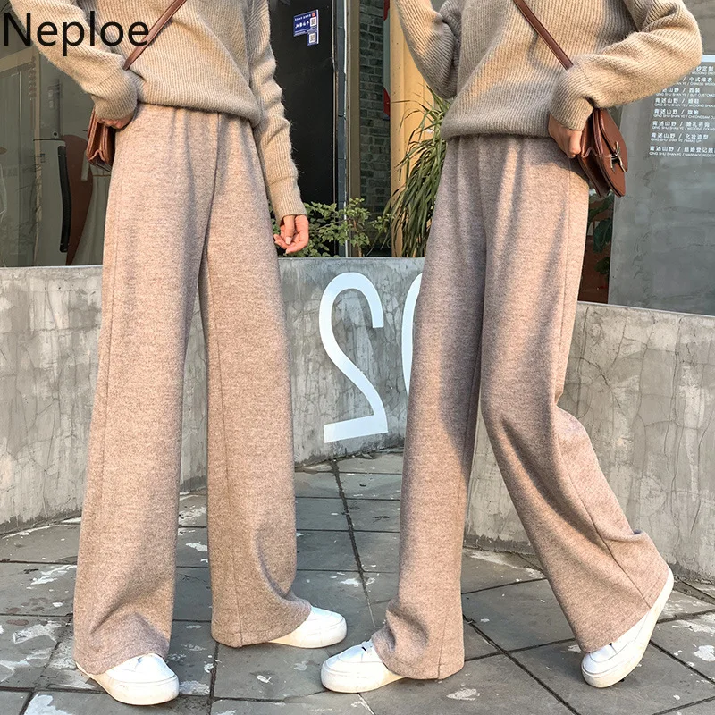 Neploe/вязаные широкие брюки; сезон осень-зима; плотные однотонные брюки с высокой талией; Mujer; свободные прямые брюки; Дикие повседневные брюки; 46828