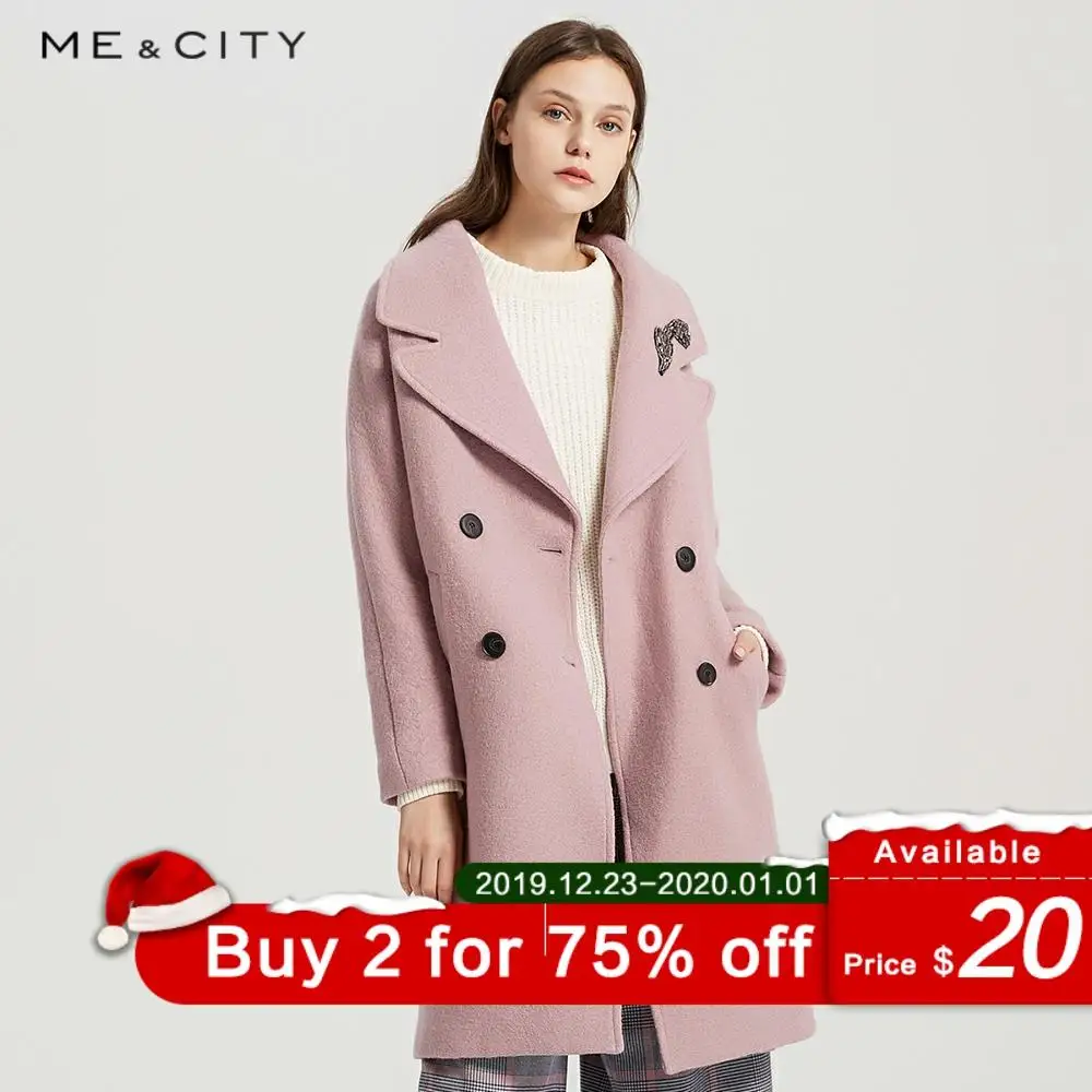  Me&city 2019 Women Woolen Coat outerwear winter cashmere clothing Office Lady Coat with brooch Fema