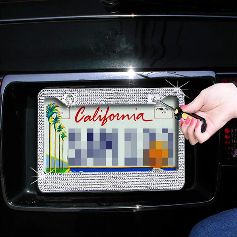 2 шт./компл. рифленая нержавеющая сталь Bling автомобильный держатель номерного знака с блестками с отделкой кристаллами, стразами