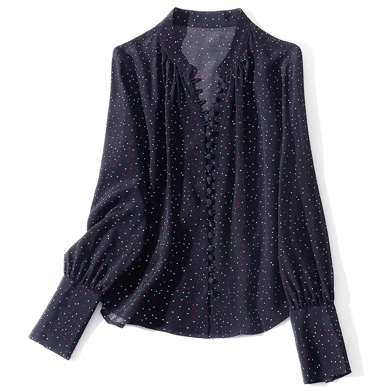

2020 Spring New Women's Long Sleeve Blouses and Tops High End Print Real Silk 100% Shirts Female Clothing