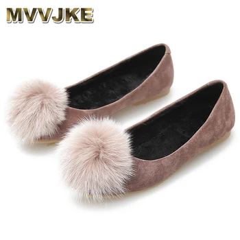 

MVVJKESquare toe plus size shoes 40-43plush balls inside Autumn 2019 suede flat shoes fashion mouth women shoesE031