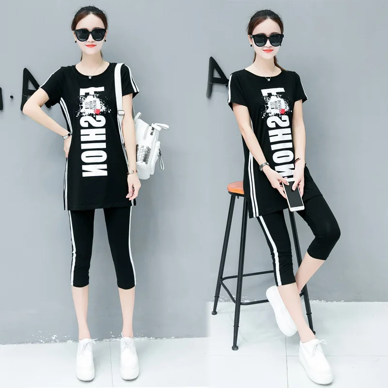 

Mid-length Sports WOMEN'S Suit 2019 Summer Two-Piece Set Fat Mm Sports Clothing Short Sleeve Capri Pants Leisure Suit Fashion