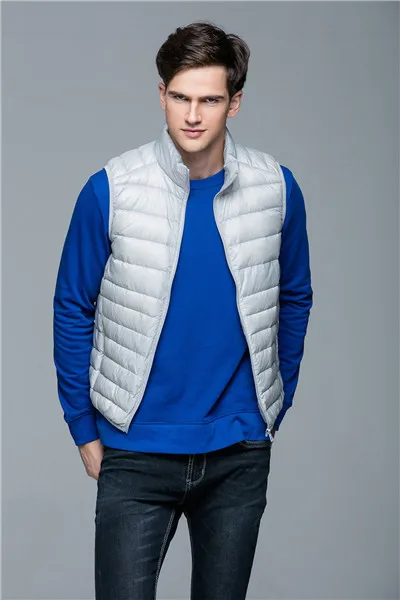 Autumn Vest Men Waistcoat White Duck Down Mens Vests Stand Collar Fitness Sleeveless Jacket Men S-XXXL Waistcoat Men - Цвет: Серебристый