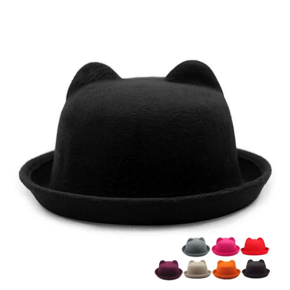 

Fashion Parent-child Wool Felt Fedora Hats For Mom and Baby Girls Boys Children Solid Cat Ear Formal cap Trilby Sombrero Bowler