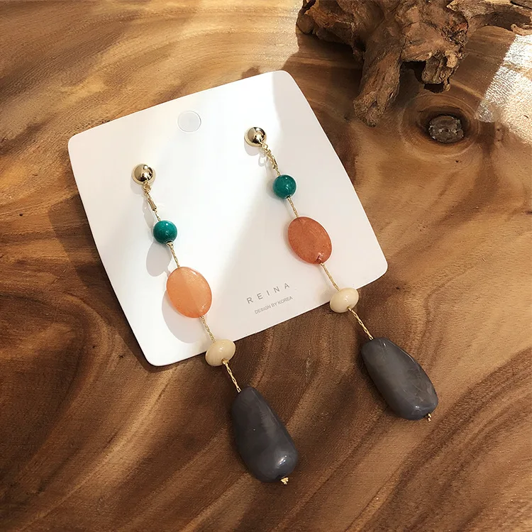 AOMU S925 Sterling Silver Pin New Resin Acrylic Colorful Long Shell Stone Wood Dangle Drop Earrings for Women Girl Jewelry Gift