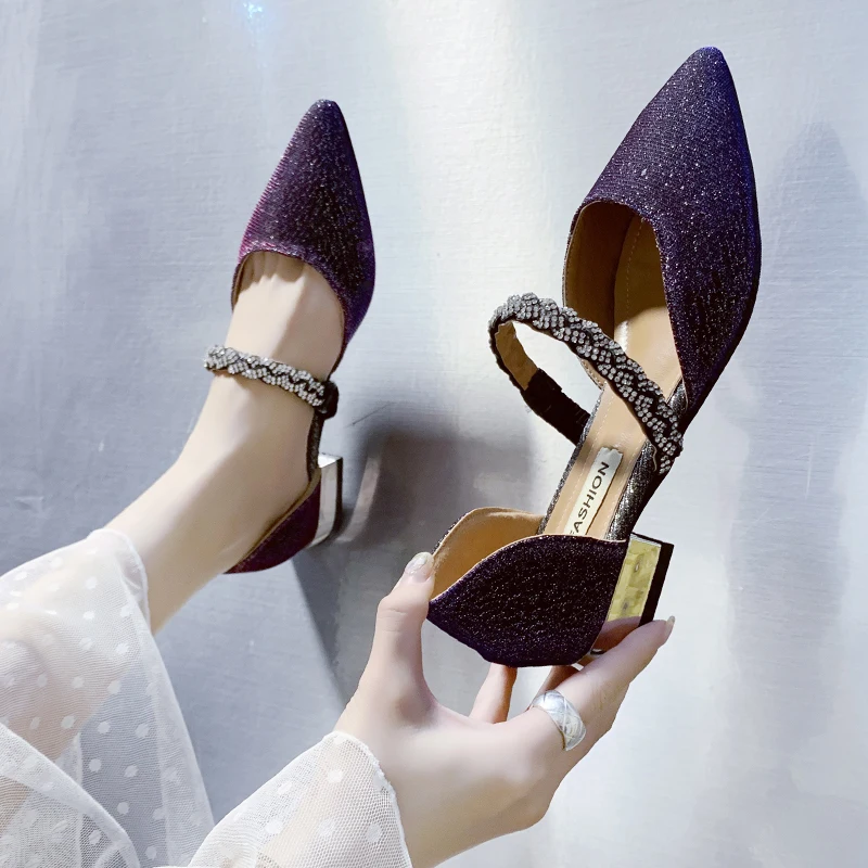 

MeiLiKeLin Fashion Flat sandals shoes Women Flats Pointed Toe Square Heel Casual Sandals Lady Comfortable work shoes Purple