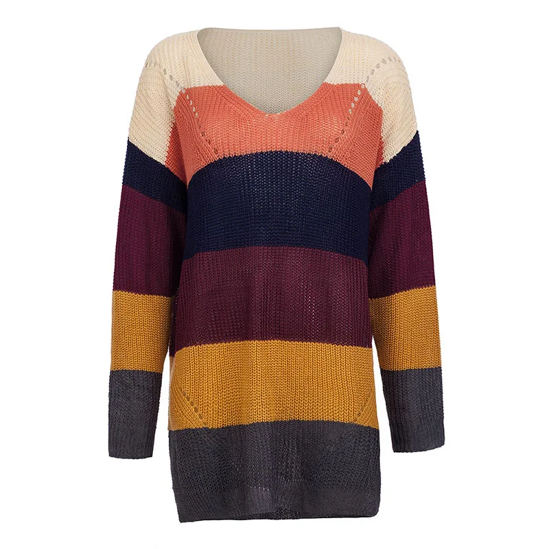 Fitshinling Радуга полосатый длинный свитер Femme Pull V шеи приталенные пуловеры осень зима свитера с длинными рукавами женские джемперы распродажа - Цвет: khaki