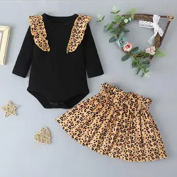 

spring toddler girls 2pcs sets leopard ruffles t shirt with bow tutu skirts baby girl suits wholesale