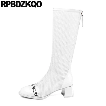 

round toe patent leather mesh white women booties fashion summer sandals metal heel boots chunky block shoes knee high zipper