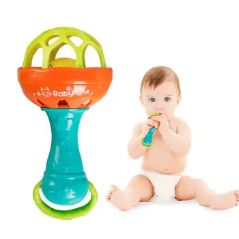 

Fun games baby soft rubber teether rattle rod multi-functional baby rattle stick with teether baby hand holding toy