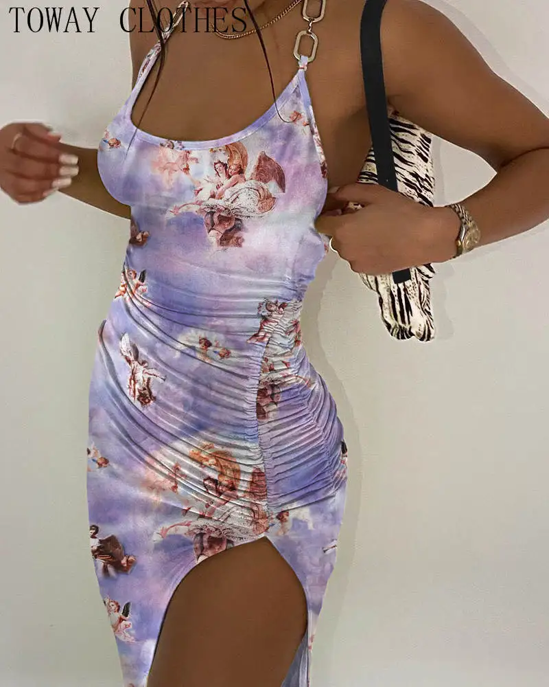 

Dress For Women 2022 Angel Printed High Slit Backless Mini Halter Chain Strap Drawstring Vestidos Elegantes Para Mujer