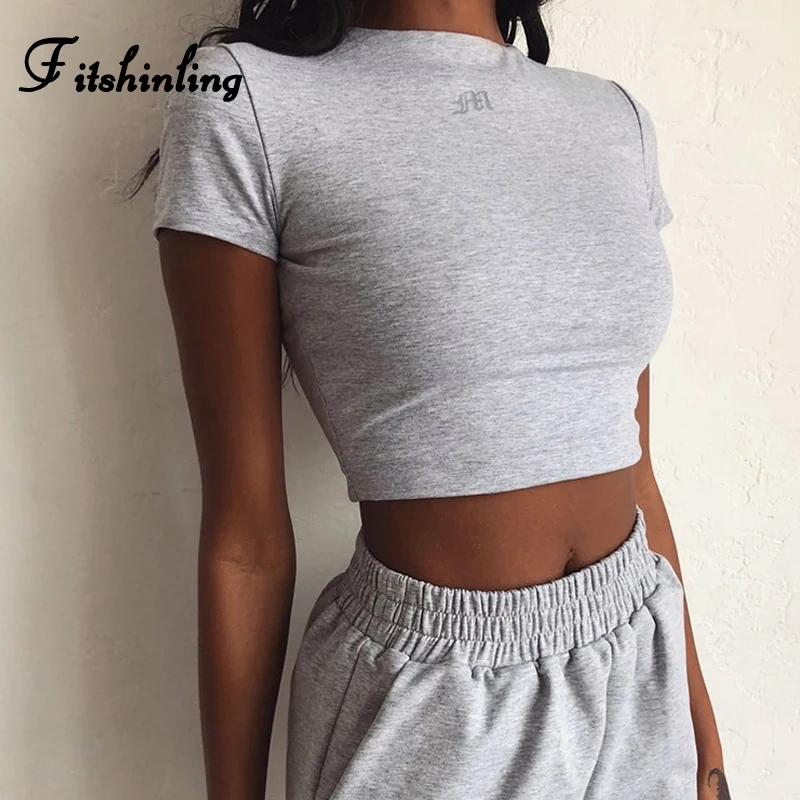 

Fitshinling Embroidery Letter Crop Top Summer T Shirt Women Casual Cotton Short Sleeve Basic Tops 2020 Slim Sexy Female T-Shirt