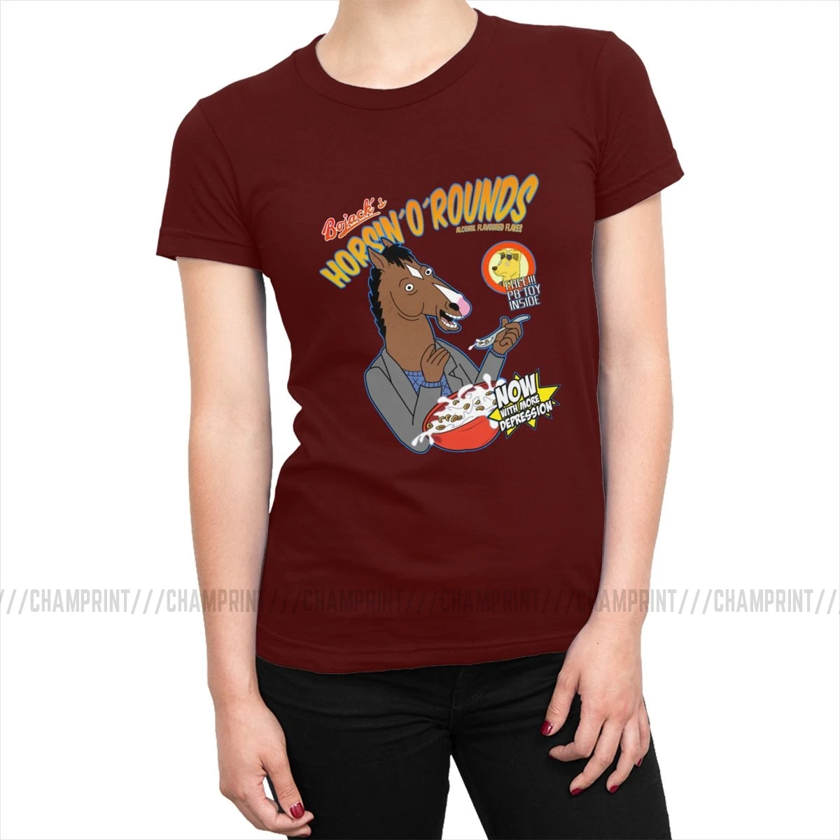 Женские футболки Bojack's cereal, Забавные футболки Bojack Horseman с рисунками из мультфильмов, модные хлопковые футболки, топ, базовая Женская одежда с графическим принтом - Цвет: Бургундия