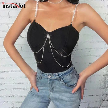 

InstaHot Sexy Chain Strap Bodysuit Spaghetti Strap Slim Backless Lady Streetwear Casual Romper Women Summer Party Club Bodysuit