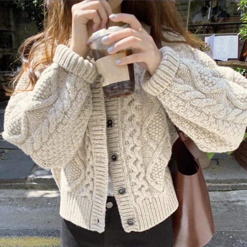 

Women's cardigan sweater South Korea round neck heavy industry twist pattern thick long sleeve knitted women's cardigan coat