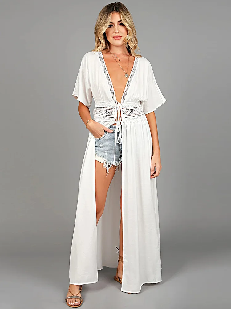 Summer Women Beachwear Cover-ups White Cotton Tunic Beach Dress Swim Suit Bikini