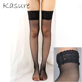 

KASURE Women's Sexy Transparent Thigh High Mesh Stocking With Lace Flower On the Top Fishnet Spring Summer Stocking For Lady