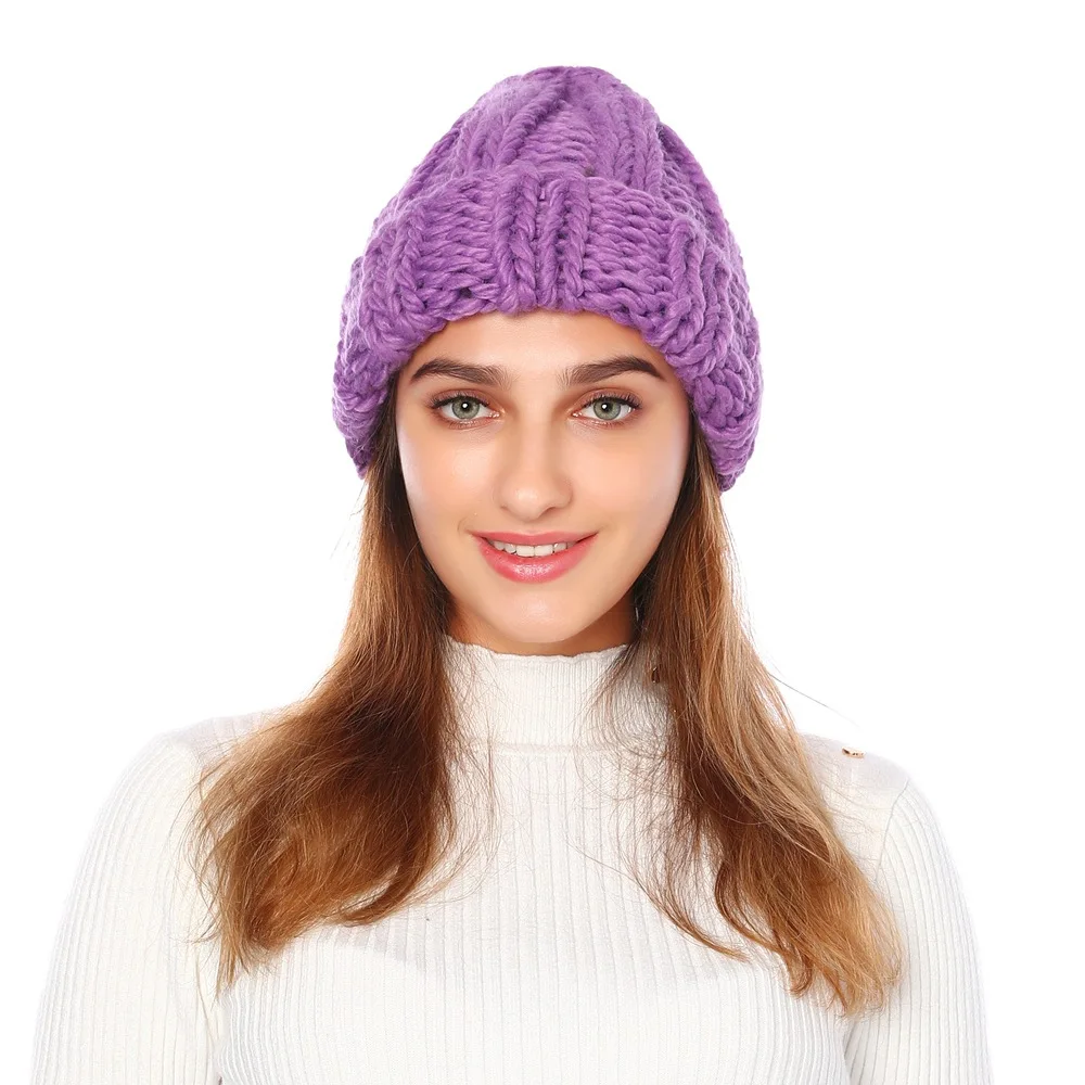 

New European Women's Knitted Cap Winter Warming Pure-color Curled Coarse Wool Cap Warming Girl's Fashion Cap Knitted couple hat
