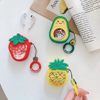 

For AirPods Case Summer Quicksand Oil Bag Fruit Earphone Case For Apple Airpods 2 Funny Protect Cover with Finger Ring Strap