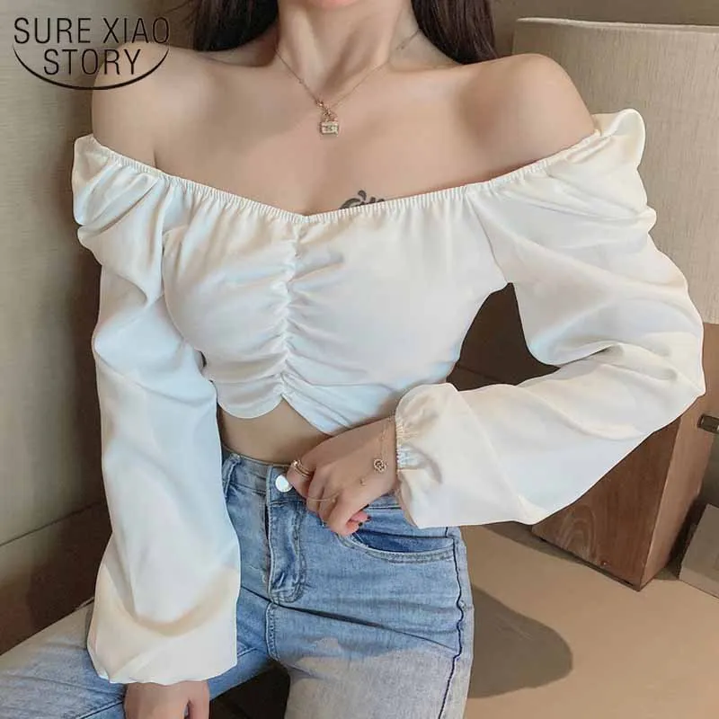 

Sexy Fashion Pleated Clavicle Spring Short Tops Sweet Long Puff Sleeve Shirt Solid Slim Blouse Women White Blusas Mujer 12578
