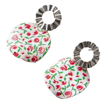 

Unisex Retro Style Earrings, Green Leaf and Flower Pattern Pleated Round Ear Studs Birthday Present