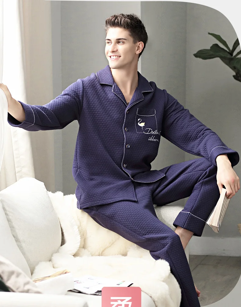 Pijama Mans, хлопок, мягкий мужской комплект, зимний кардиган с длинными рукавами, с отворотом, пуговица, фламинго, вышивка, карман, модная Пижама для мужчин