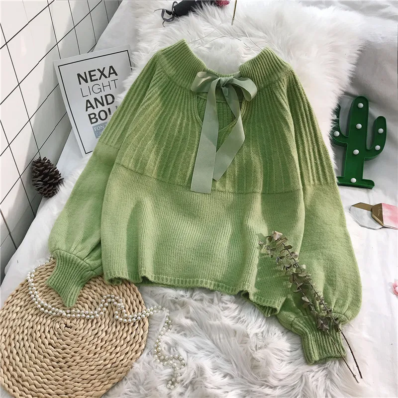 sweet elegant women sweater autumn new solid lantern sleeved knitted lady female pullovers outwear tops