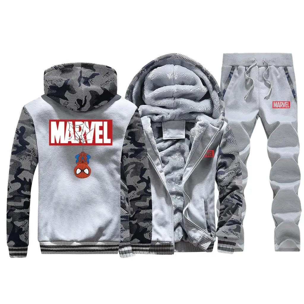 Marvel принт Человека-паука, спортивный костюм, модный мужской спортивный костюм из 2 предметов, флисовая плотная толстовка с капюшоном+ штаны, спортивный комплект одежды - Цвет: Light Gray