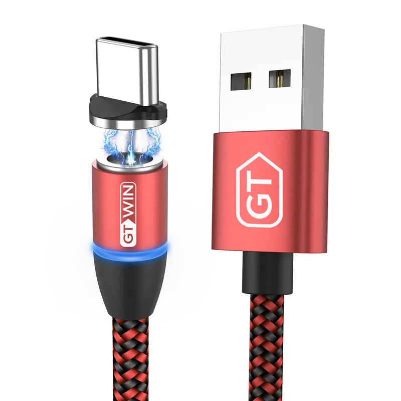 Red Магнитный usb-кабель GTWIN 3A с быстрой зарядкой, Тип C, микро-кабель, светодиодный, с нейлоновой оплеткой, тип-c, магнитное зарядное устройство для 7 samsung S10 S9 S8, 1 м - Color: Red