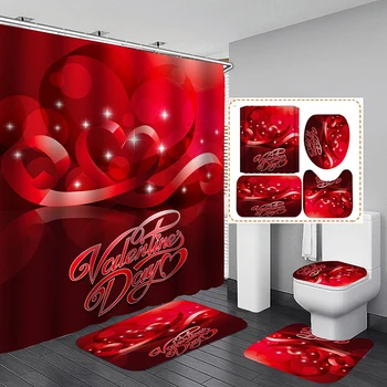 

4 pcs/Set Valentine's Day 3D Digital Printing Shower Curtain Bathroom Mat Base Mat Toilet Mat For Home / Hotel / Party Decor