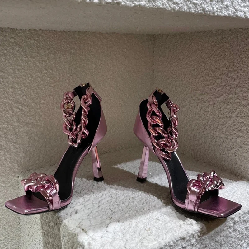 Metal Thin Heel Women Sandals High Heels Party Pumps Purple Leather Chain Decorated Cover Summer Ladies Fashion Shoes | Обувь