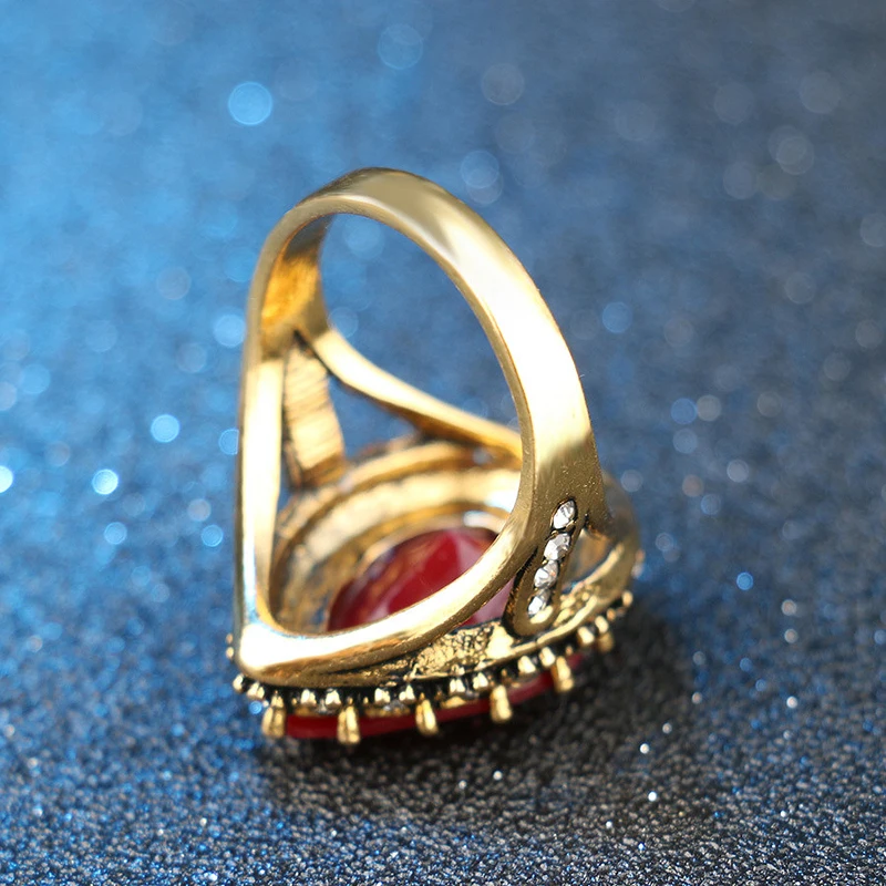 Vintage Mosaic Zircon Rings 1PC Antique Golden Crystal Ring Turkish Oval Jewelry Black Red Green Resin Stone Women Boho Wedding