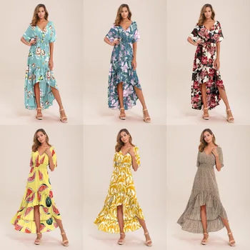 

BacklakeGirls Elegant Party Dress 2020 Summer Women Yellow Blue Print Asymmetrical High Low Sexy Long Dress Vedtidos Para Mujer