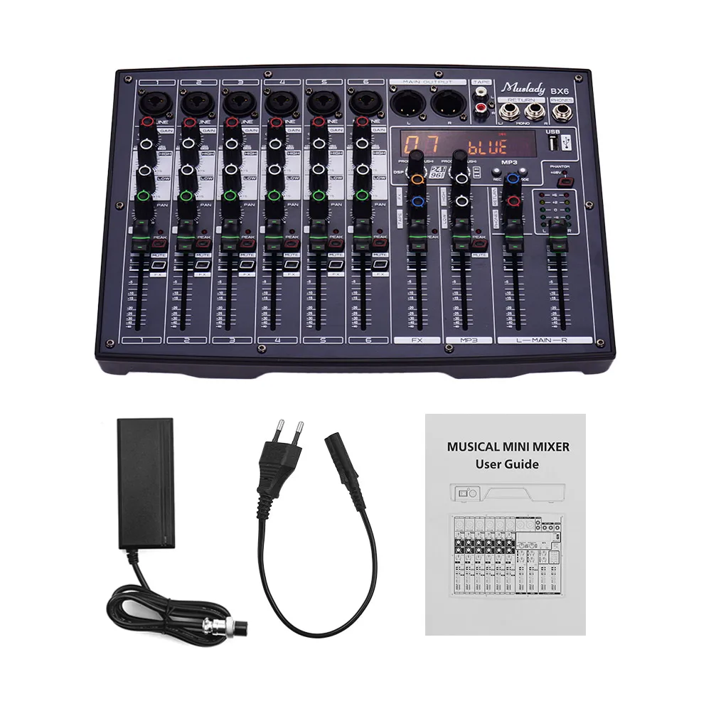 Muslady BX6 компактный комплект из 6 микшер каналов микшерный пульт с 16 DSP эффектов встроенный 48V Phantom Питание Поддержка установления соединения bp - Цвет: BLACK EU PLUG