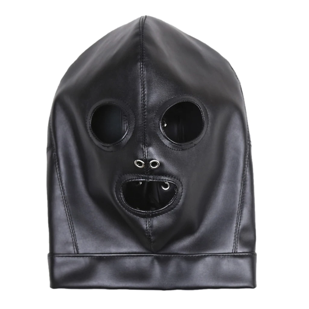 Unisex Adult Black Faux Leather Hood Mask Lace Up Full Head Face Cover Toys