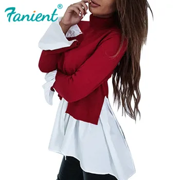 

Irregular Sexy Top Female T-shirt Women Top Tshirt Split Modis Shirt Casual Vintage False Two Pieces T-Shirt Long Sleeve Top