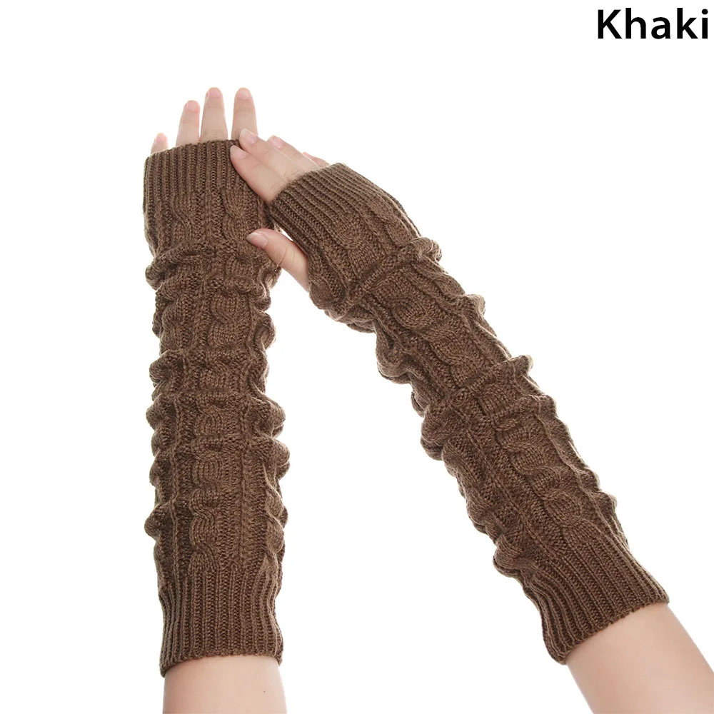 khaki Зимние новые тактические теплые перчатки для женщин, модные теплые перчатки для девушек и девушек, Длинные вязаные шерстяные рукавицы без пальцев из конопли с цветами - Цвет: khaki