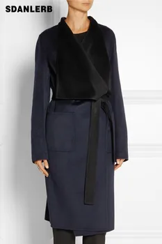 

2019 Spring Winter Wool Cashmere Navy Deep Blue Maxi Slim Long Coat Noched Lapel Simple Outerwear Femme Abrigos Mujer