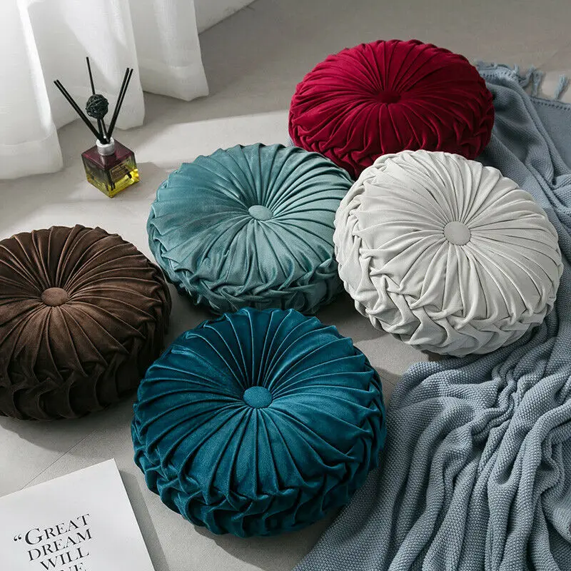 Newest-Home-Textile-Velvet-Pleated-Round-Solid-Color-Cushion-Pouf-Throw-Home-Soft-Cushion 2